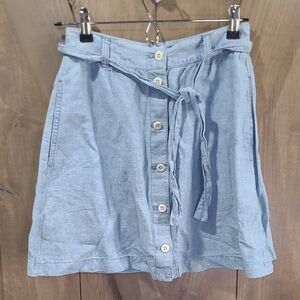 Light Blue Chambray Button-Front Women's A Line Skirt with Waist Tie